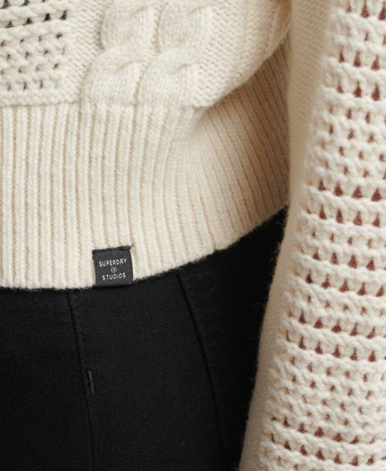 Superdry pulover din tricot cu cablu cu decolteu îmbrăcăminte alb femei JX0Z6535