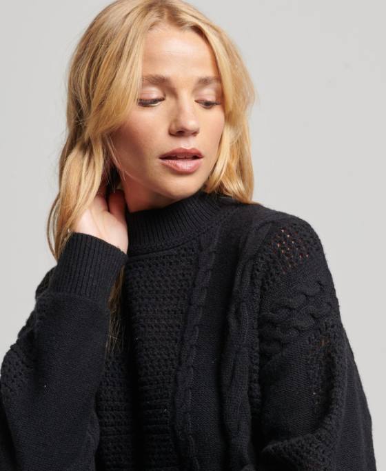 Superdry pulover din tricot cu cablu cu decolteu îmbrăcăminte negru femei JX0Z6529