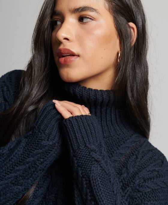 Superdry pulover din tricot de cablu cu gât polo îmbrăcăminte marina femei JX0Z3991