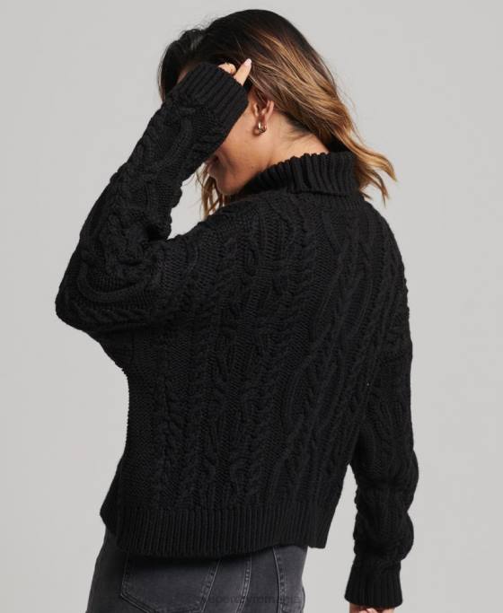 Superdry pulover din tricot de cablu cu gât polo îmbrăcăminte negru femei JX0Z3976