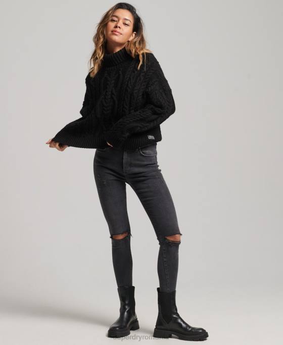 Superdry pulover din tricot de cablu cu gât polo îmbrăcăminte negru femei JX0Z3976