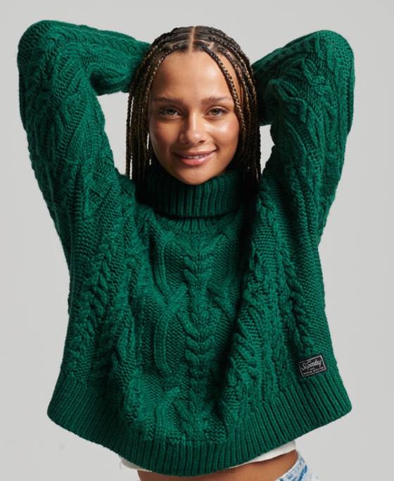 Superdry pulover din tricot de cablu cu gât polo îmbrăcăminte verde femei JX0Z3966