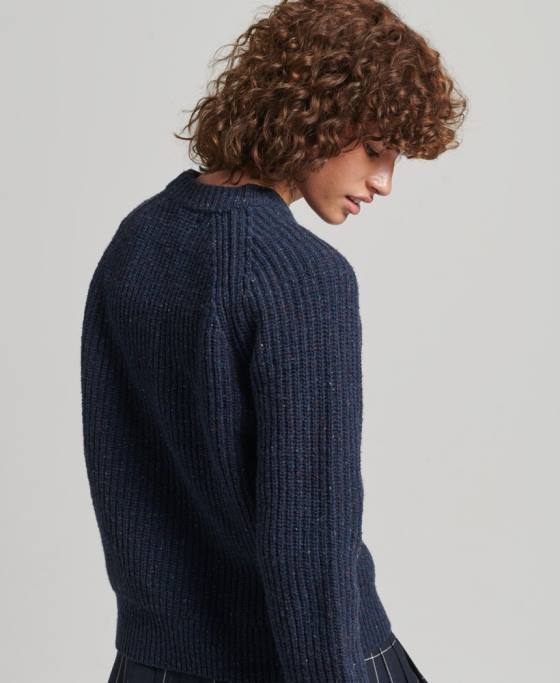 Superdry pulover din tweed cu coaste îmbrăcăminte marina femei JX0Z3988