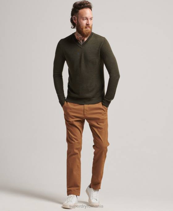 Superdry pulover merinos cu decolteu în V îmbrăcăminte kaki bărbați JX0Z5285