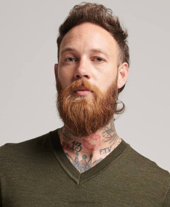 Superdry pulover merinos cu decolteu în V îmbrăcăminte kaki bărbați JX0Z5285