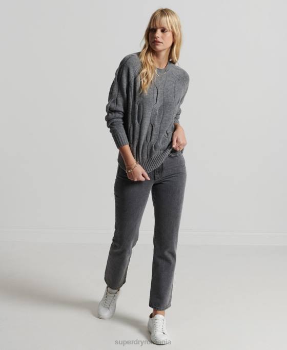 Superdry pulover studios tricot cablu îmbrăcăminte gri inchis femei JX0Z6725