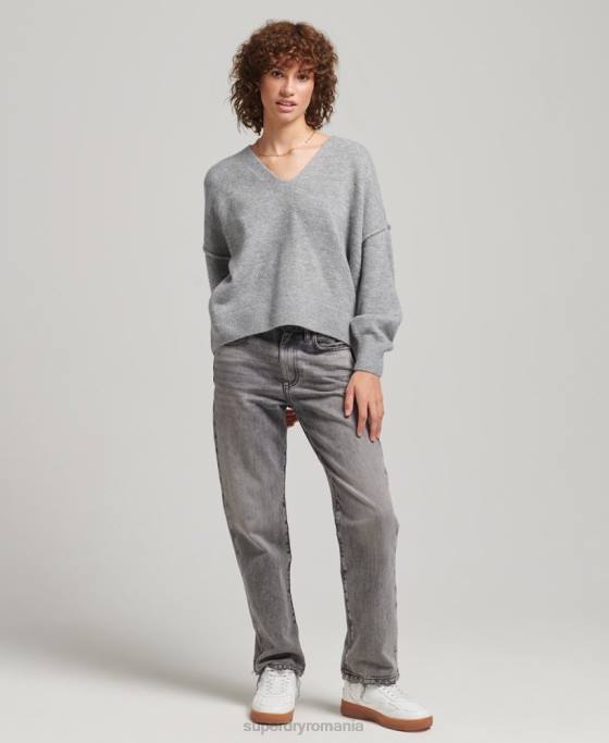 Superdry pulover supradimensionat cu decolteu în V îmbrăcăminte gri deschis femei JX0Z3990