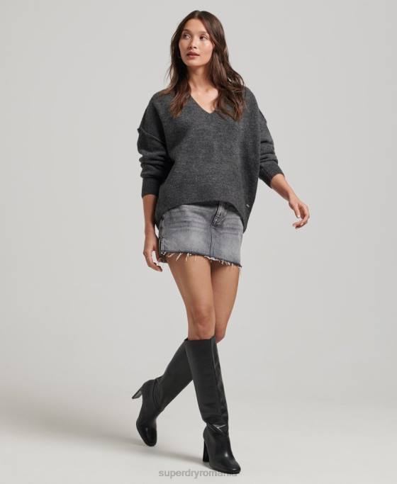 Superdry pulover supradimensionat cu decolteu în V îmbrăcăminte gri inchis femei JX0Z3982