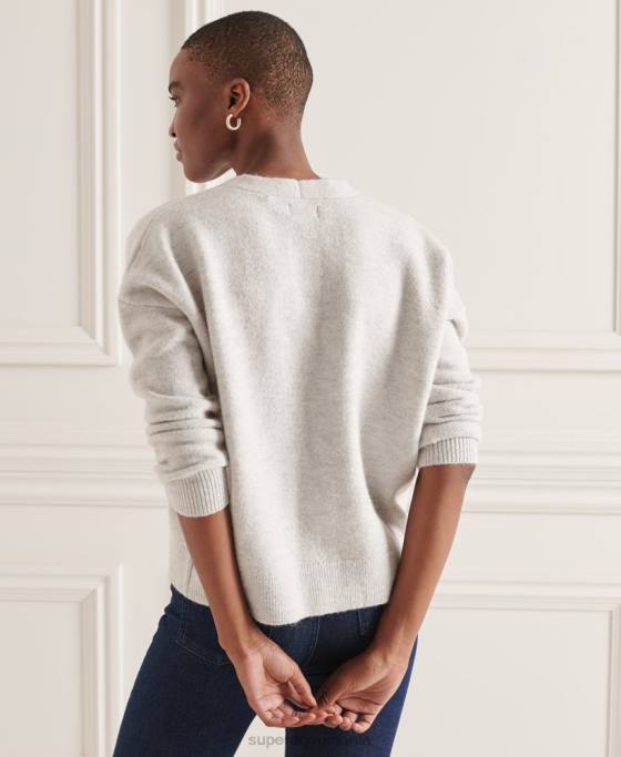 Superdry pulover tricotat cu decolteu în V studios îmbrăcăminte gri deschis femei JX0Z4033