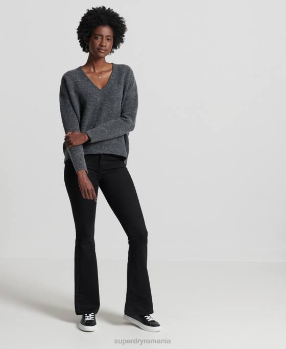 Superdry pulover tricotat cu decolteu în V studios îmbrăcăminte gri inchis femei JX0Z3992