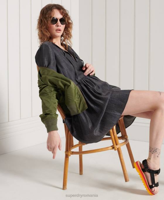 Superdry rochie din tencel cu maneca lunga îmbrăcăminte negru femei JX0Z2549