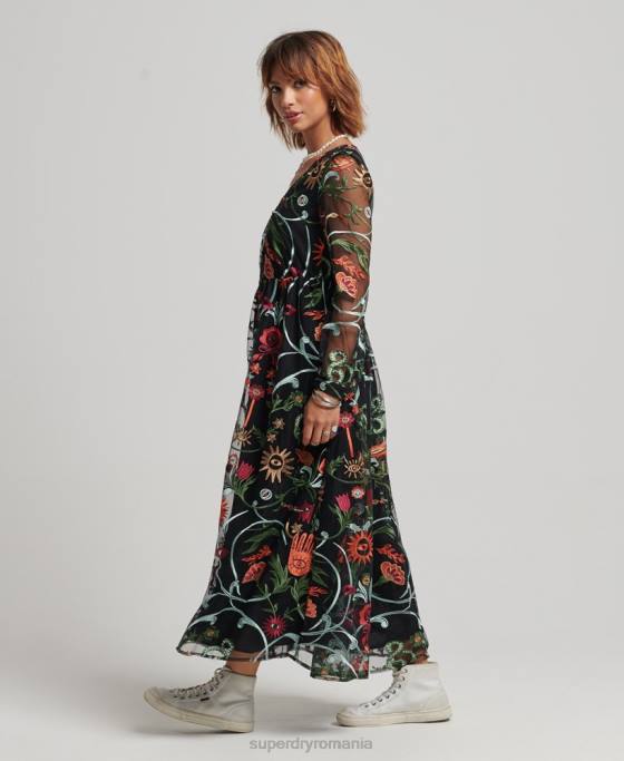 Superdry rochie maxi din plasa cu maneca lunga îmbrăcăminte negru femei JX0Z2414