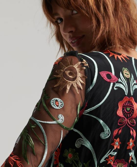 Superdry rochie maxi din plasa cu maneca lunga îmbrăcăminte negru femei JX0Z2414