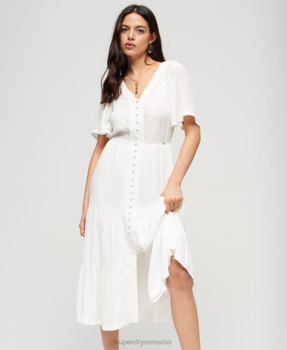 Superdry rochie midi cu etaje brodate îmbrăcăminte alb femei JX0Z1985