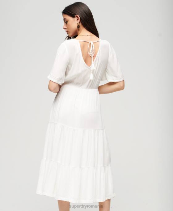 Superdry rochie midi cu etaje brodate îmbrăcăminte alb femei JX0Z1985
