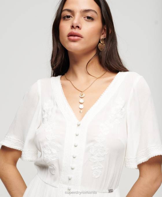 Superdry rochie midi cu etaje brodate îmbrăcăminte alb femei JX0Z1985