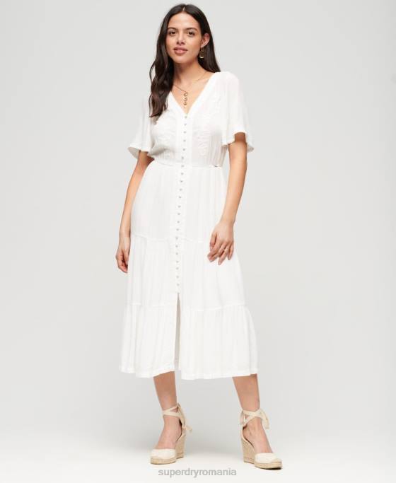 Superdry rochie midi cu etaje brodate îmbrăcăminte alb femei JX0Z1985