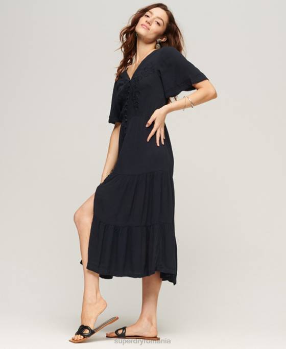 Superdry rochie midi cu etaje brodate îmbrăcăminte marina femei JX0Z2236