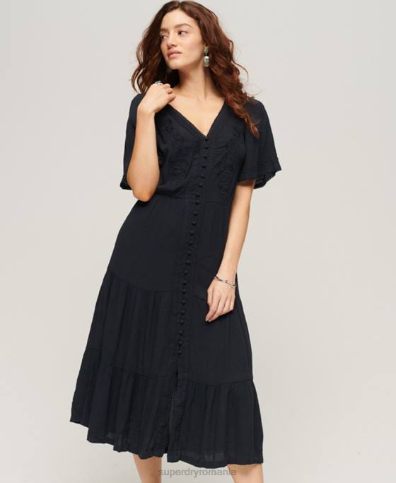 Superdry rochie midi cu etaje brodate îmbrăcăminte marina femei JX0Z2236