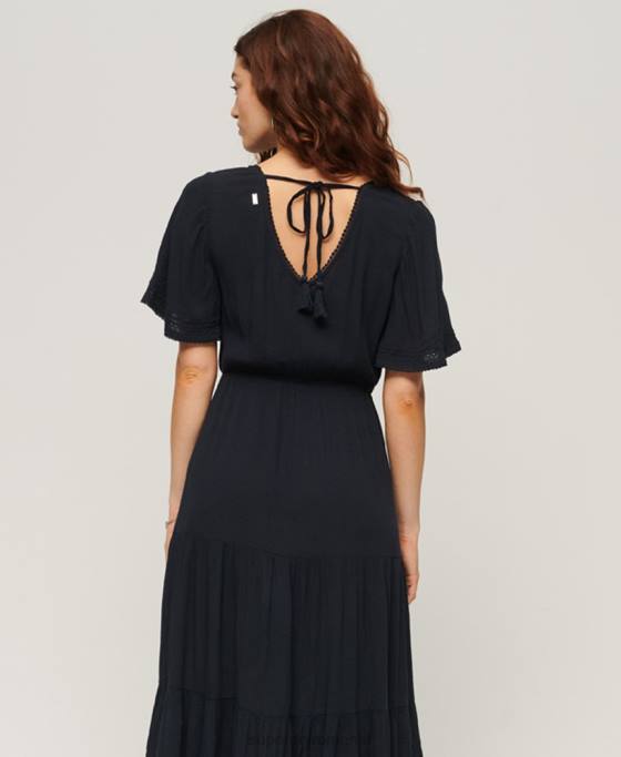 Superdry rochie midi cu etaje brodate îmbrăcăminte marina femei JX0Z2236