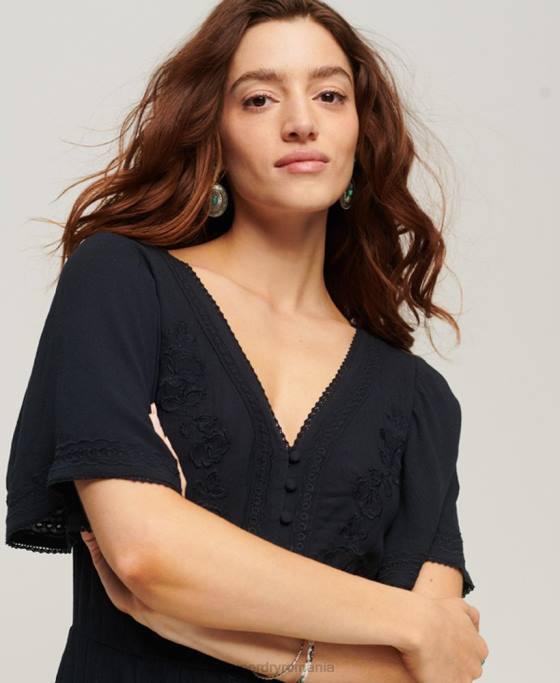 Superdry rochie midi cu etaje brodate îmbrăcăminte marina femei JX0Z2236