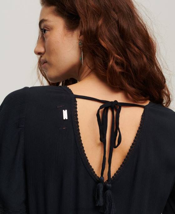 Superdry rochie midi cu etaje brodate îmbrăcăminte marina femei JX0Z2236