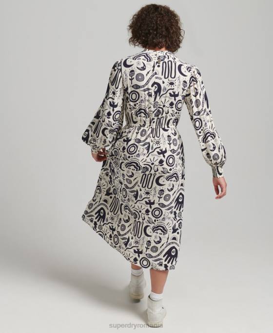 Superdry rochie midi cu maneca lunga imprimata îmbrăcăminte cremă femei JX0Z6707