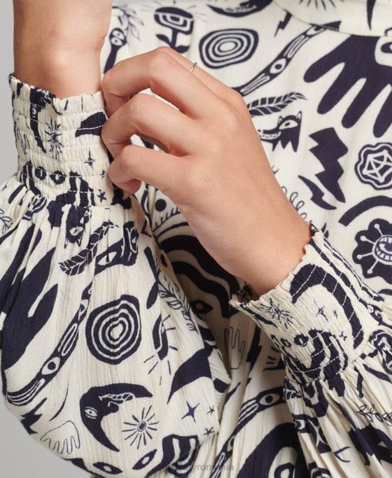 Superdry rochie midi cu maneca lunga imprimata îmbrăcăminte cremă femei JX0Z6707