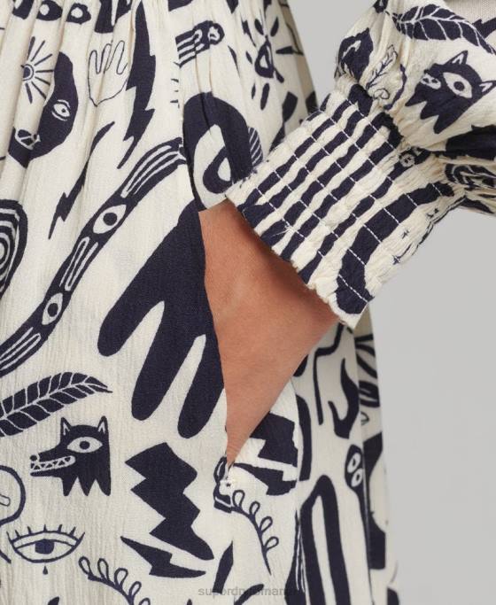 Superdry rochie midi cu maneca lunga imprimata îmbrăcăminte cremă femei JX0Z6707