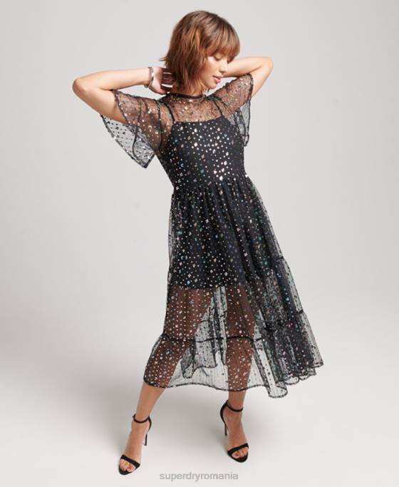 Superdry rochie midi cu paiete transparentă îmbrăcăminte negru femei JX0Z2545