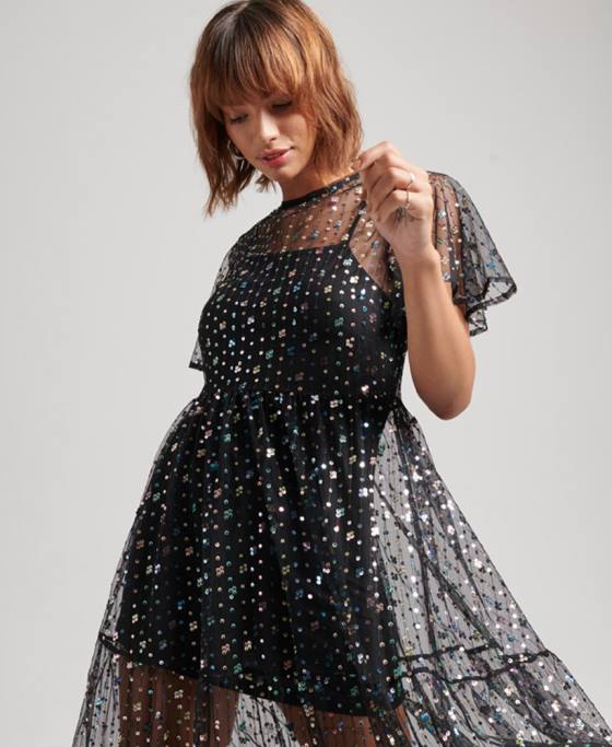 Superdry rochie midi cu paiete transparentă îmbrăcăminte negru femei JX0Z2545