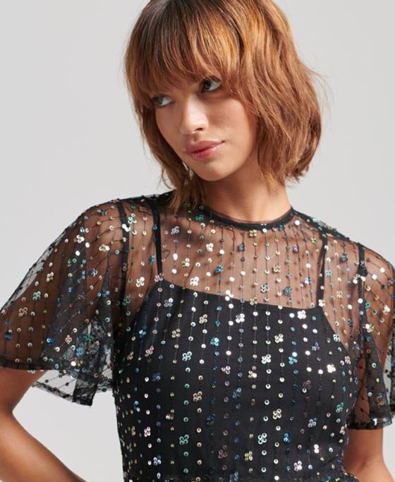 Superdry rochie midi cu paiete transparentă îmbrăcăminte negru femei JX0Z2545