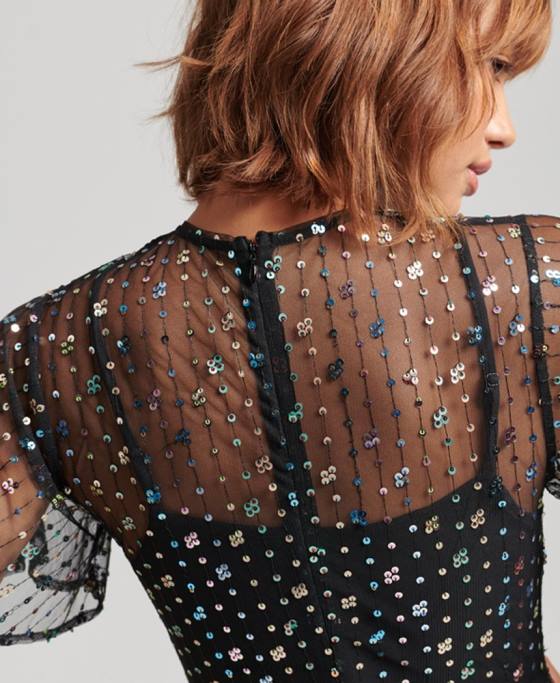 Superdry rochie midi cu paiete transparentă îmbrăcăminte negru femei JX0Z2545