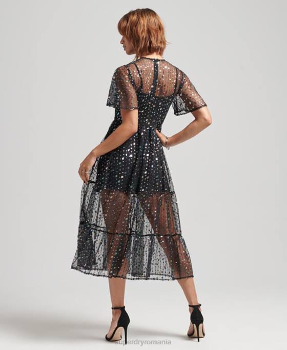 Superdry rochie midi cu paiete transparentă îmbrăcăminte negru femei JX0Z2545