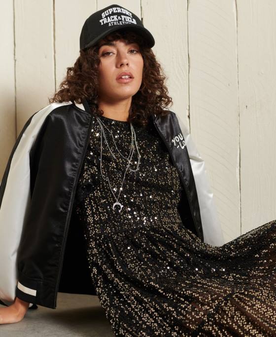 Superdry rochie midi împletită cu mânecă scurtă cu paiete îmbrăcăminte negru femei JX0Z2523