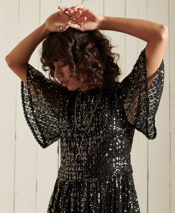 Superdry rochie midi împletită cu mânecă scurtă cu paiete îmbrăcăminte negru femei JX0Z2523