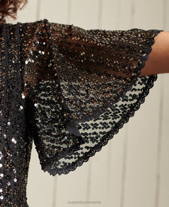 Superdry rochie midi împletită cu mânecă scurtă cu paiete îmbrăcăminte negru femei JX0Z2523