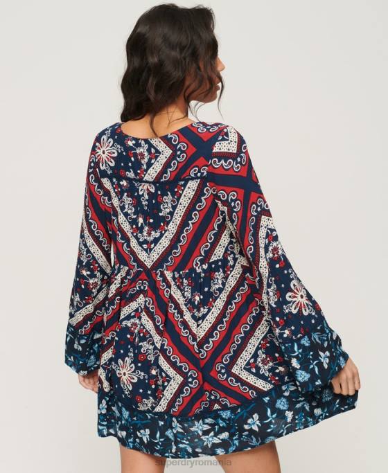 Superdry rochie mini anilor 60 cu maneci evazate îmbrăcăminte albastru femei JX0Z2094