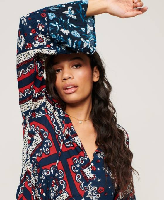 Superdry rochie mini anilor 60 cu maneci evazate îmbrăcăminte albastru femei JX0Z2094