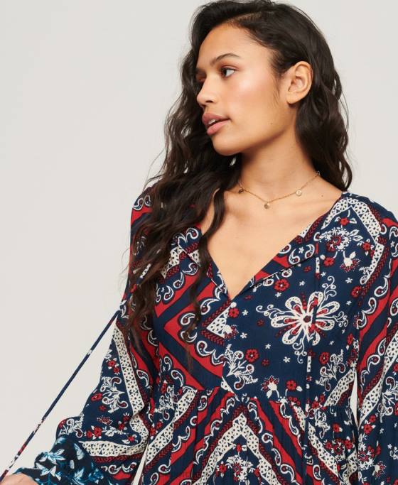 Superdry rochie mini anilor 60 cu maneci evazate îmbrăcăminte albastru femei JX0Z2094