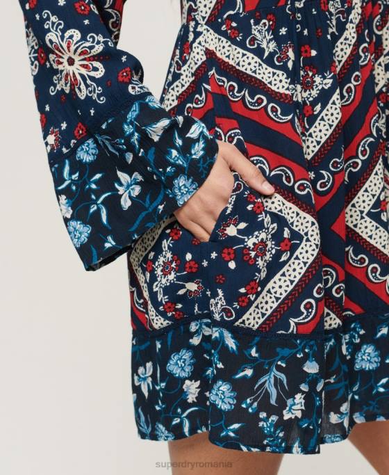 Superdry rochie mini anilor 60 cu maneci evazate îmbrăcăminte albastru femei JX0Z2094