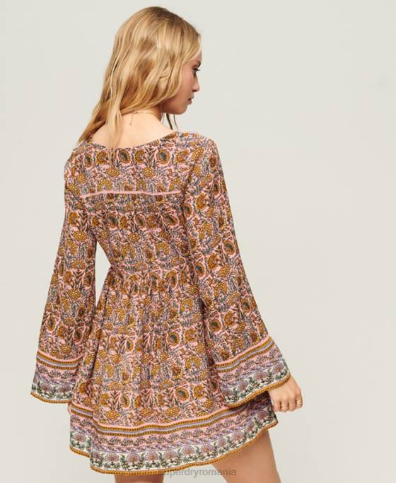 Superdry rochie mini anilor 60 cu maneci evazate îmbrăcăminte roz femei JX0Z2080