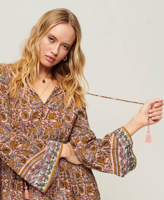 Superdry rochie mini anilor 60 cu maneci evazate îmbrăcăminte roz femei JX0Z2080