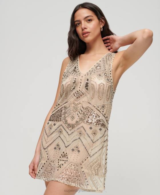 Superdry rochie mini cu decolteu in V impodobit îmbrăcăminte cremă femei JX0Z2114