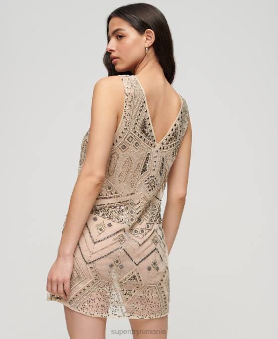 Superdry rochie mini cu decolteu in V impodobit îmbrăcăminte cremă femei JX0Z2114