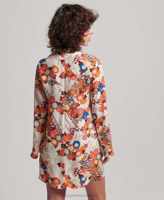 Superdry rochie mini cu maneca lunga imprimata îmbrăcăminte cremă femei JX0Z2426