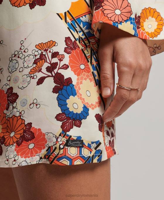 Superdry rochie mini cu maneca lunga imprimata îmbrăcăminte cremă femei JX0Z2426