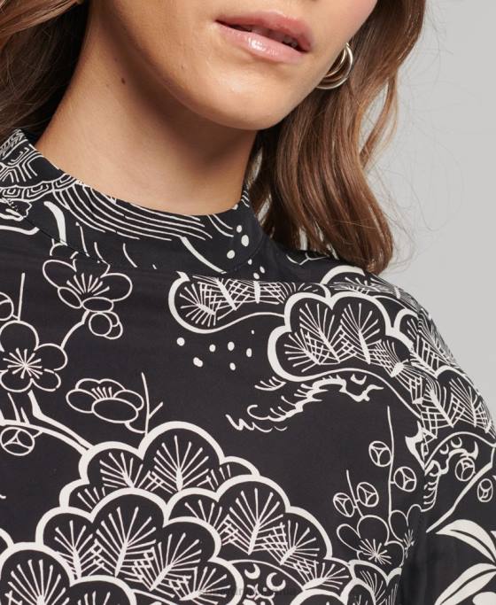 Superdry rochie mini cu maneca lunga imprimata îmbrăcăminte negru femei JX0Z2479