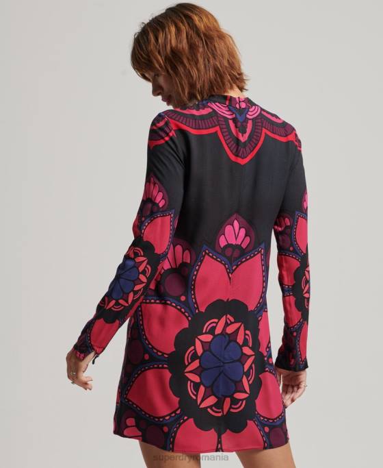 Superdry rochie mini cu maneca lunga imprimata îmbrăcăminte negru femei JX0Z2480
