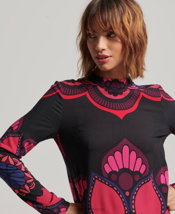 Superdry rochie mini cu maneca lunga imprimata îmbrăcăminte negru femei JX0Z2480